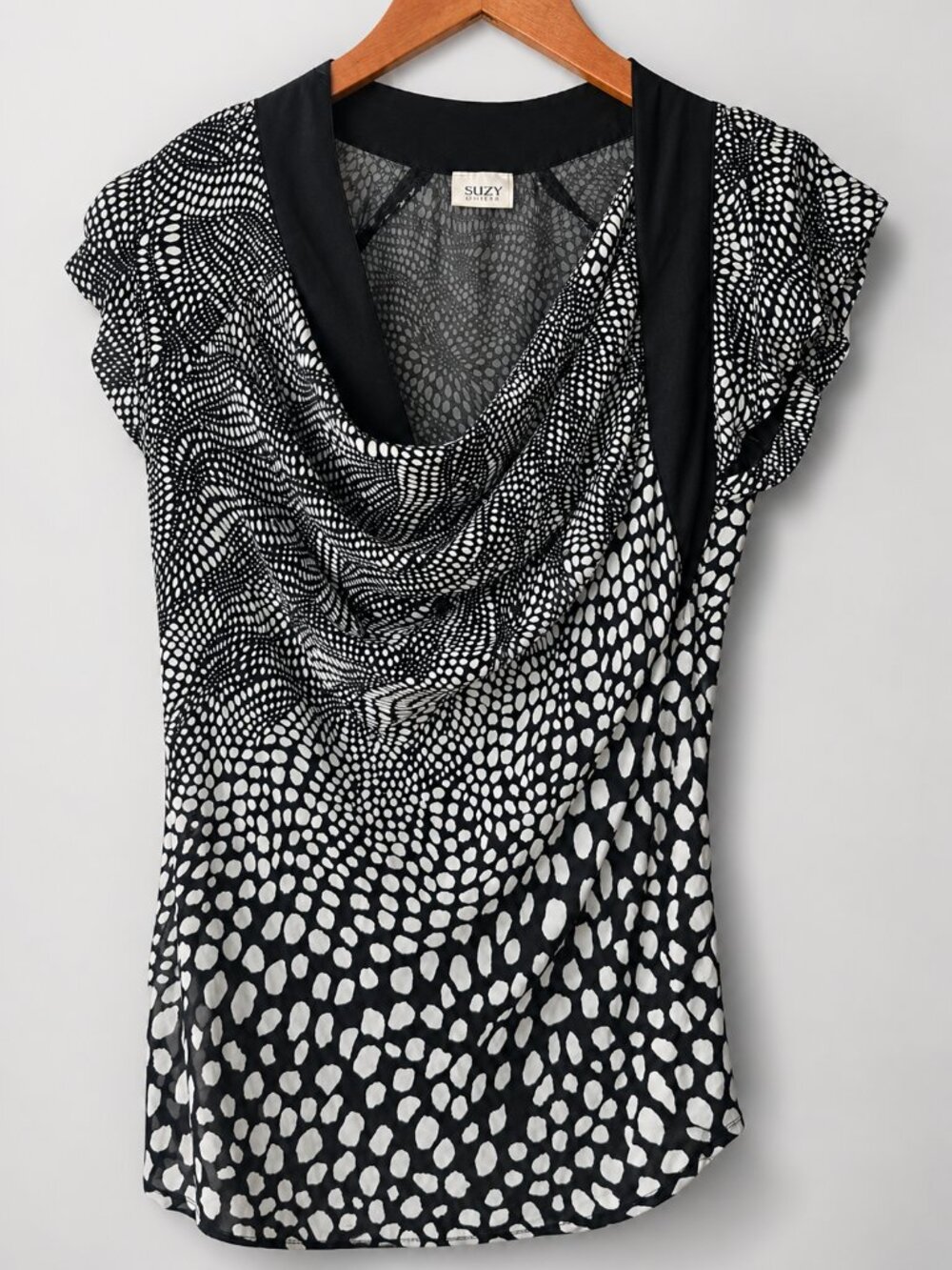 Suzy Shier Blouse Size S – Draped Neck Black & White Print